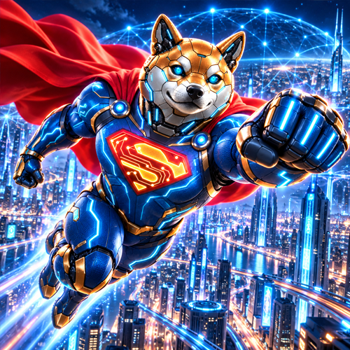 Super Intelligence Inu flying over a neon city in blue armor and a red cape