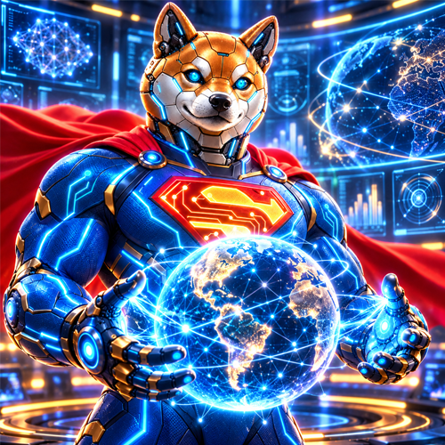 Super Intelligence Inu holding a holographic Earth in both paws